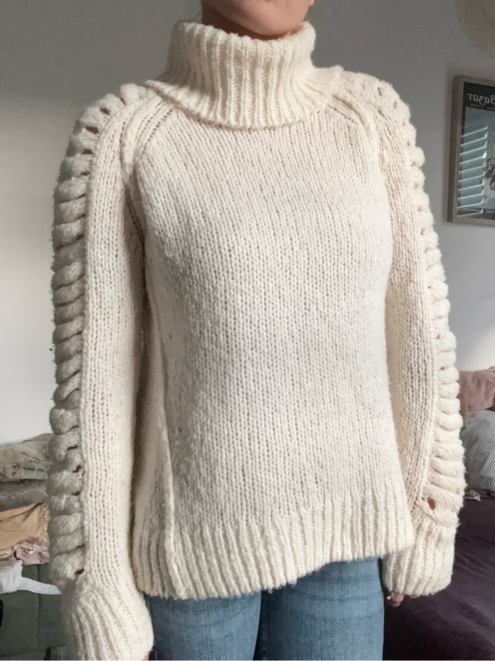 SOH Hand Knit Cashmere Silk Wool Cream Cable knit Sleeve Turtleneck Sweater S
